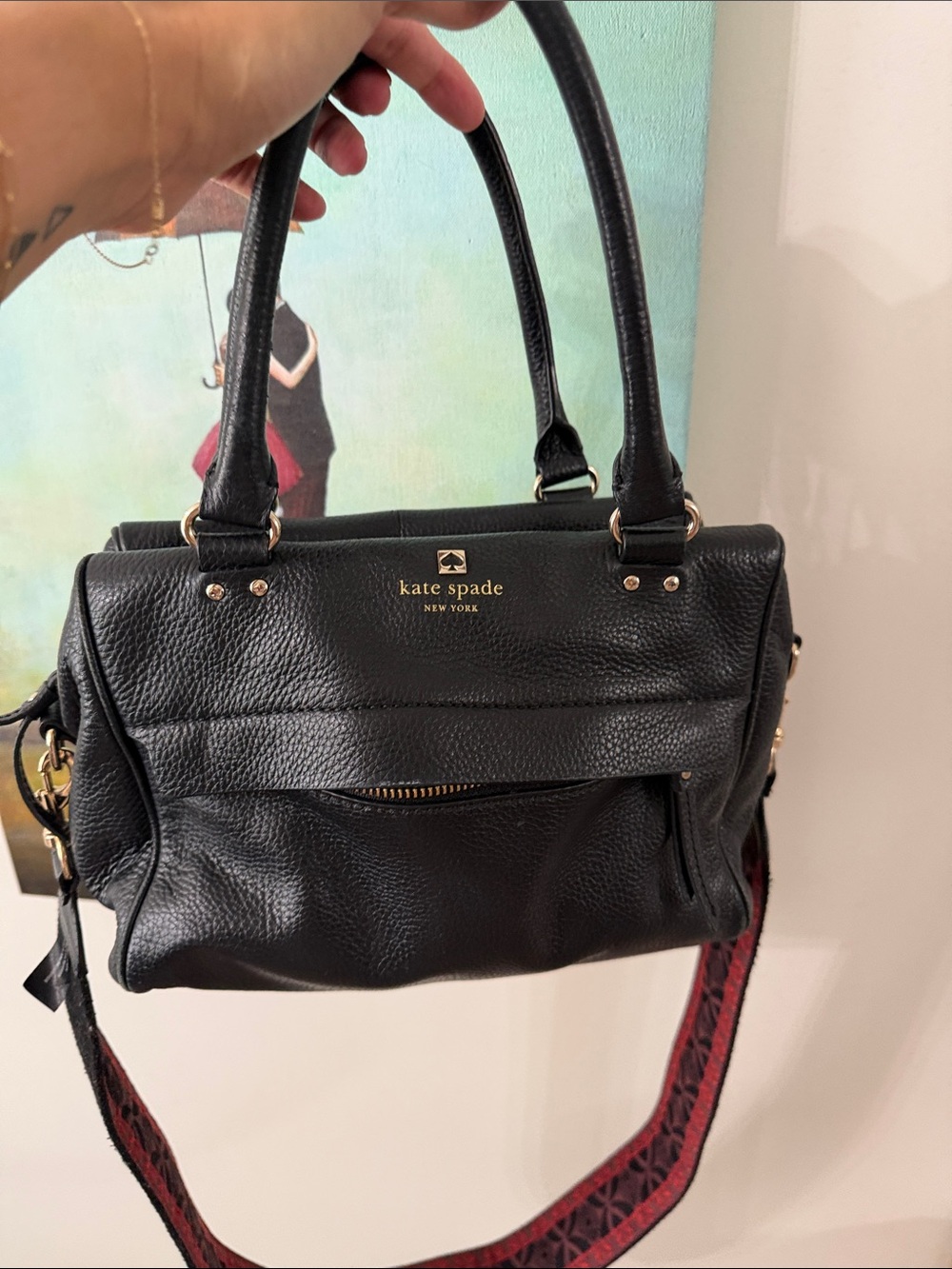 kate spade Black Pebbled Leather Satchel with Detachable Guitar Strap